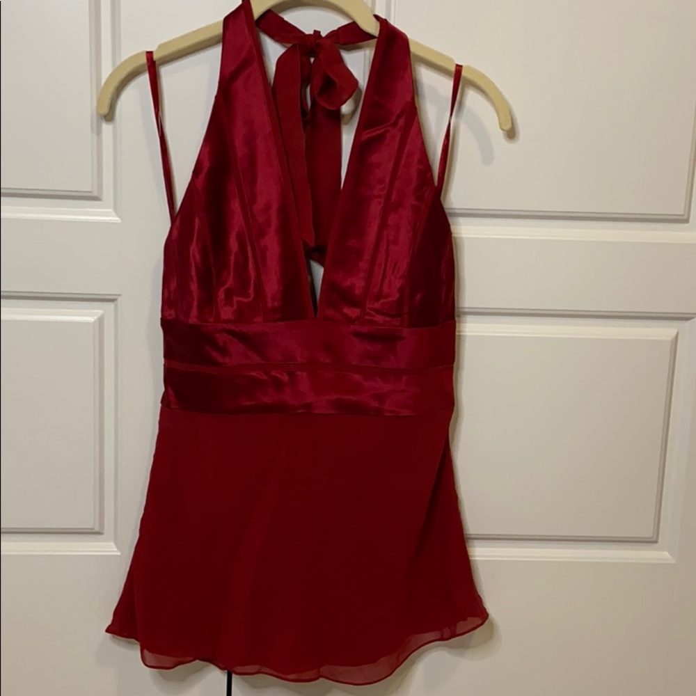 red silk Bcbg Maxazria ribbon halter top